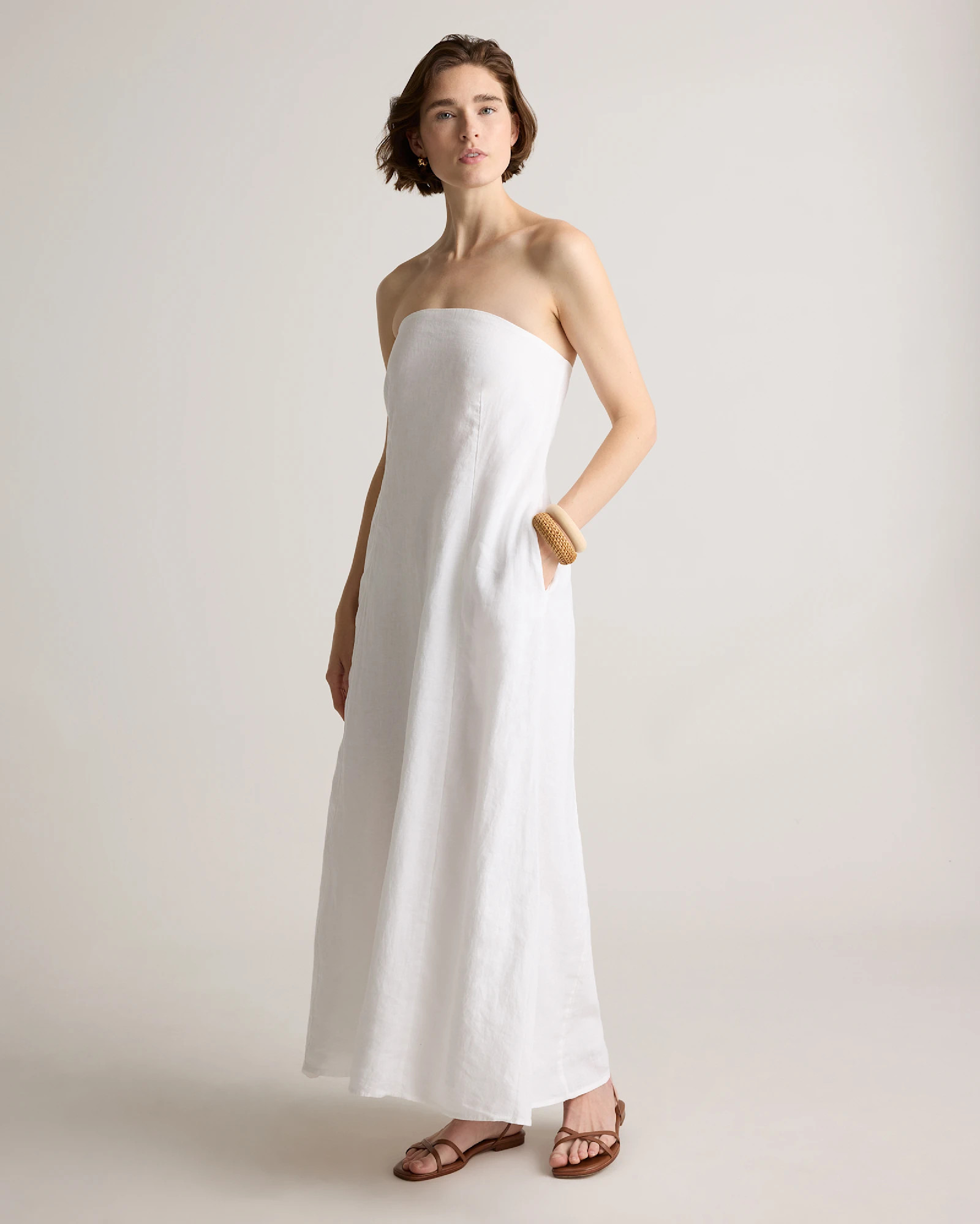 100% European Linen Strapless Maxi Dress in White | Quince