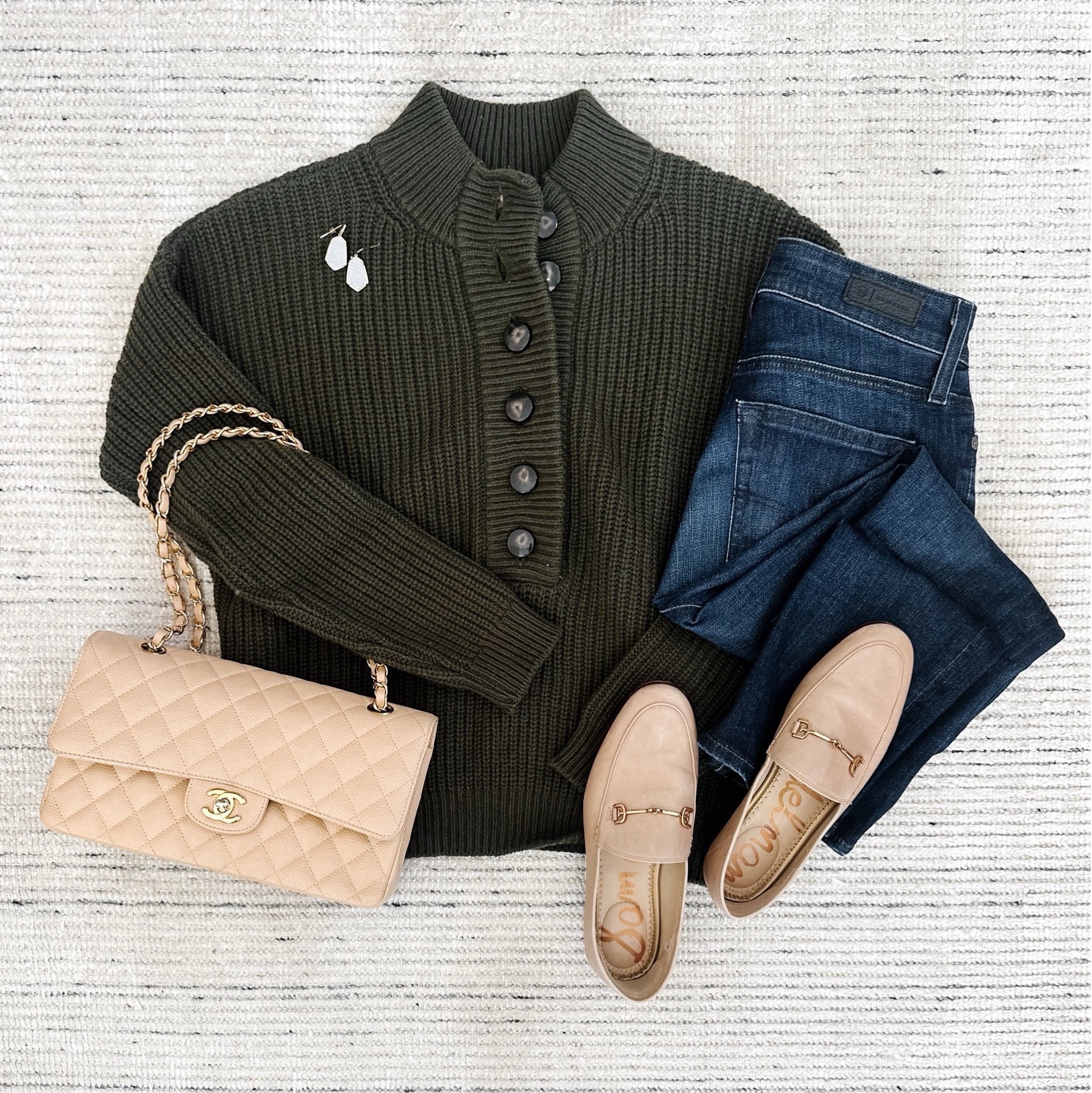 Fall outfit with khaki jumper sweater paired with dark wash jeans and loafers. Sweater is organic cotton and wool long sleeve making it warm for winter! I love the rib knit material and button closure  

#LTKSeasonal #LTKStyleTip