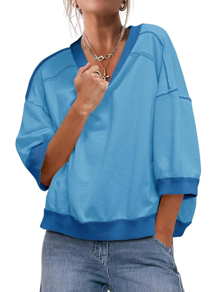 Fisoew Womens Oversized Sweatshirt 3/4 Sleeve Crewneck Cropped Top Casual Contrast Color Loose Fi... | Amazon (US)