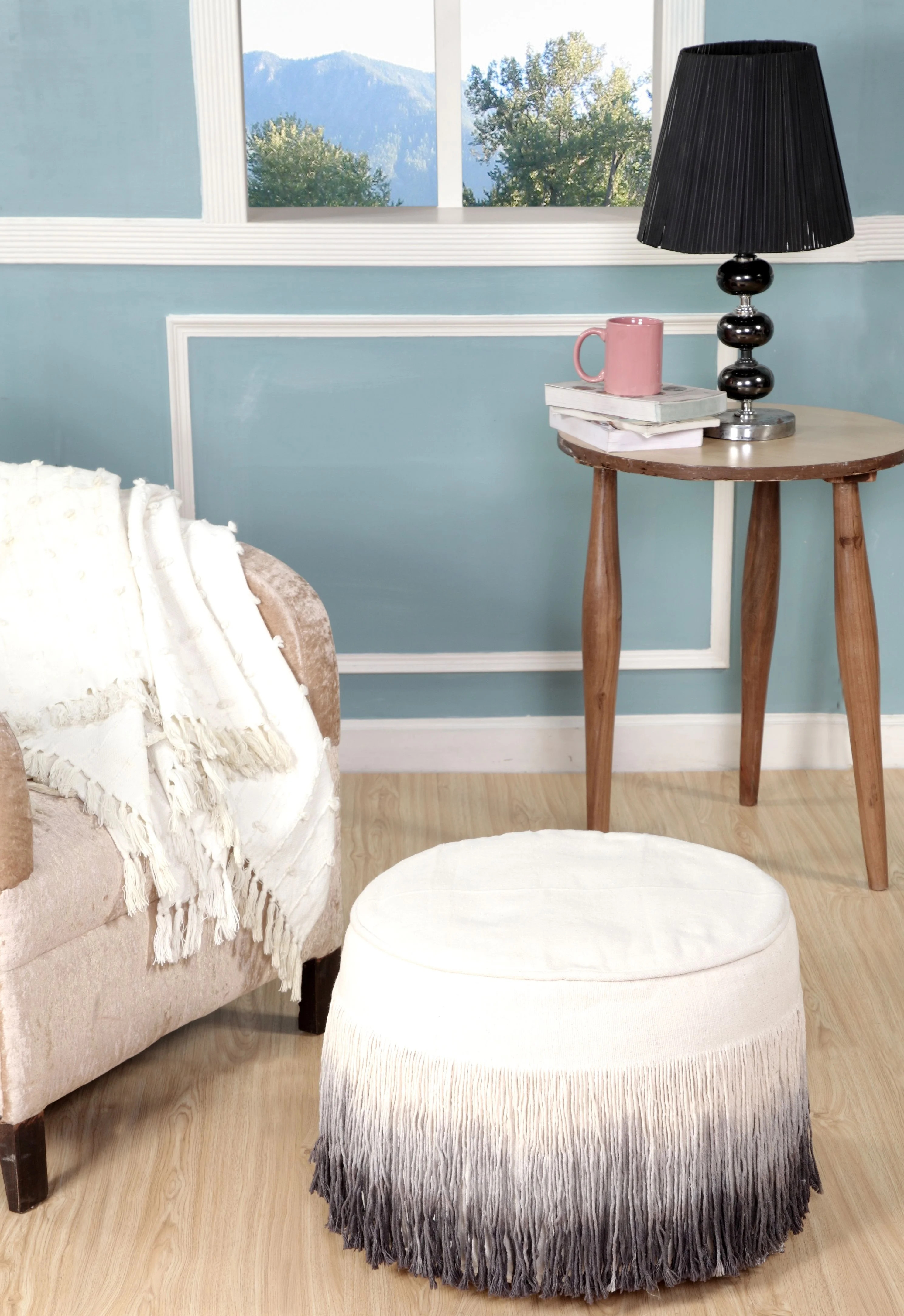 LR Home Groovy Ombre Fringed Natural / Grey Round 20 in. x 14 in. Indoor Ottoman Pouf - Walmart.c... | Walmart (US)