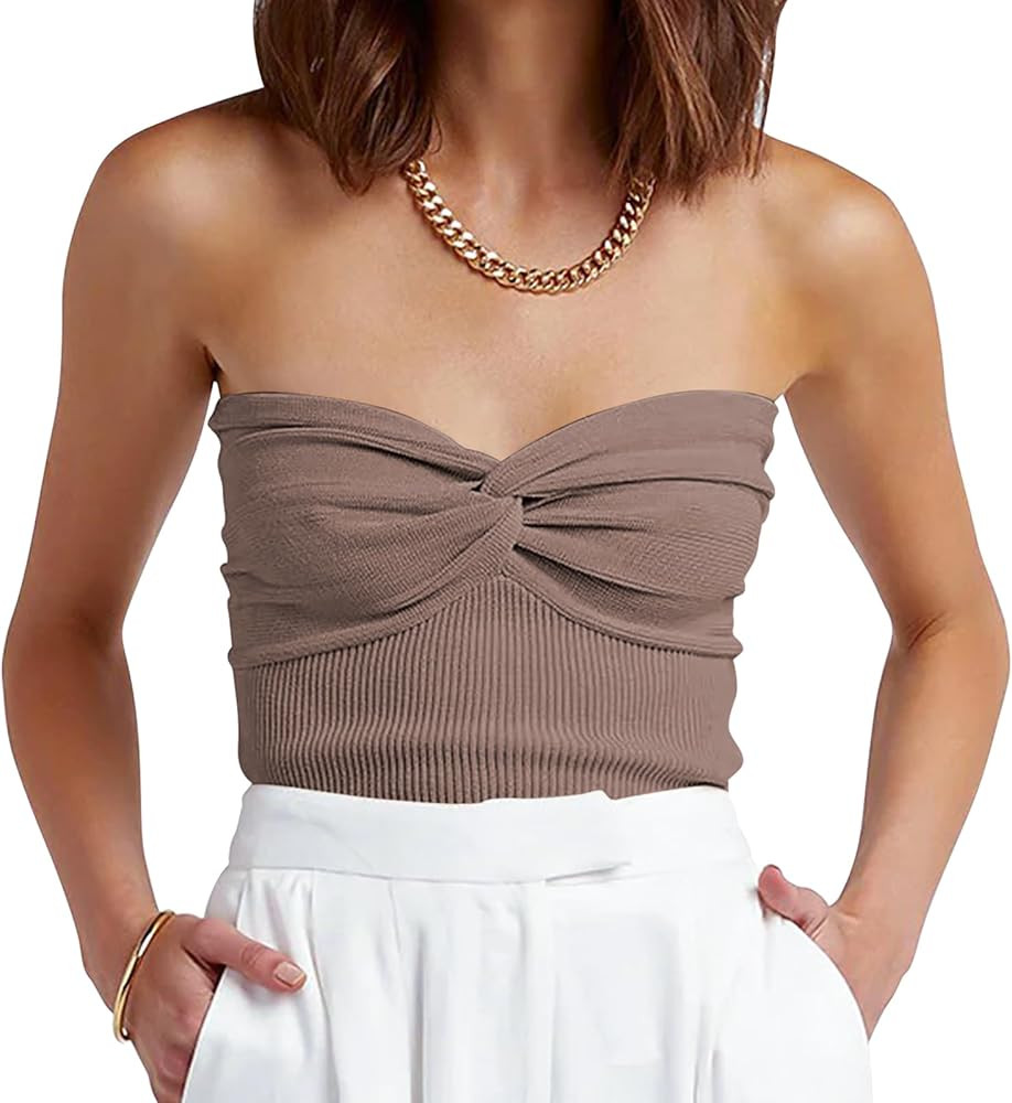 ANRABESS Tube Top for Women Summer Strapless Bandeau Knit Twist Knot Corset Crop Basic Tank Top 2... | Amazon (US)