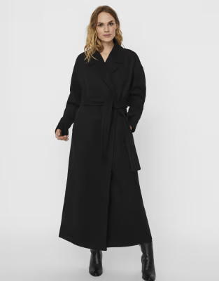 Vero Moda belted maxi tailored coat in black | ASOS (Global)