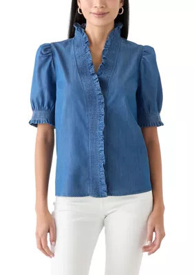 Crown & Ivy Women's Petite Puff Sleeve Ruffle Neck Chambray Top, PS | Belk