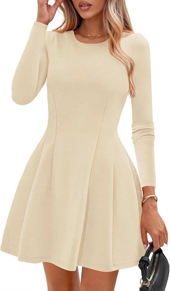 PRETTYGARDEN Long Sleeve Mini Dress for Women 2026 Spring Crewneck Knit Pleated Babydoll A Line C... | Amazon (US)