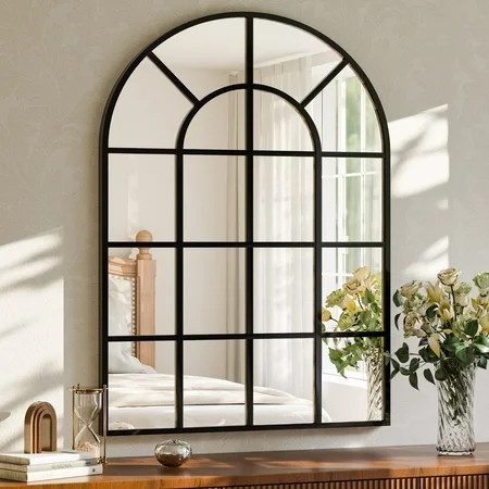 YVANLA 30"x40" Arched Window Pane Bathroom Mirror Decorative Grid Wall Mirror, Black | Walmart (US)
