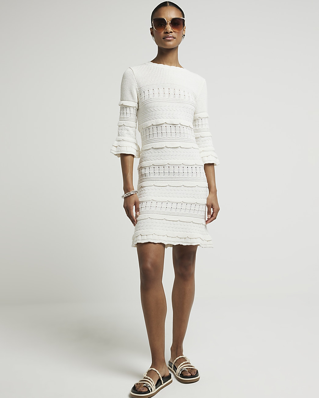 White crochet frill bodycon mini dress | River Island (UK & IE)