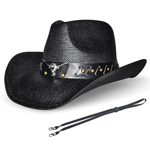 Black Straw Cowboy Hat Western with Decorative Bands, Hat Size Fits 22.04 to 22.83, Wide Brim, Stylish & Durable Cowboy Hat - Unisex Western Hat for All Occasions | Amazon (US)