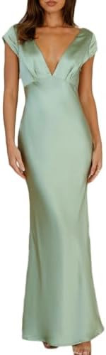 Halfisland Womens Summer Satin V Neck Cap Sleeve Backless Maxi Dress Elegant Twist Cut Out Midi D... | Amazon (US)