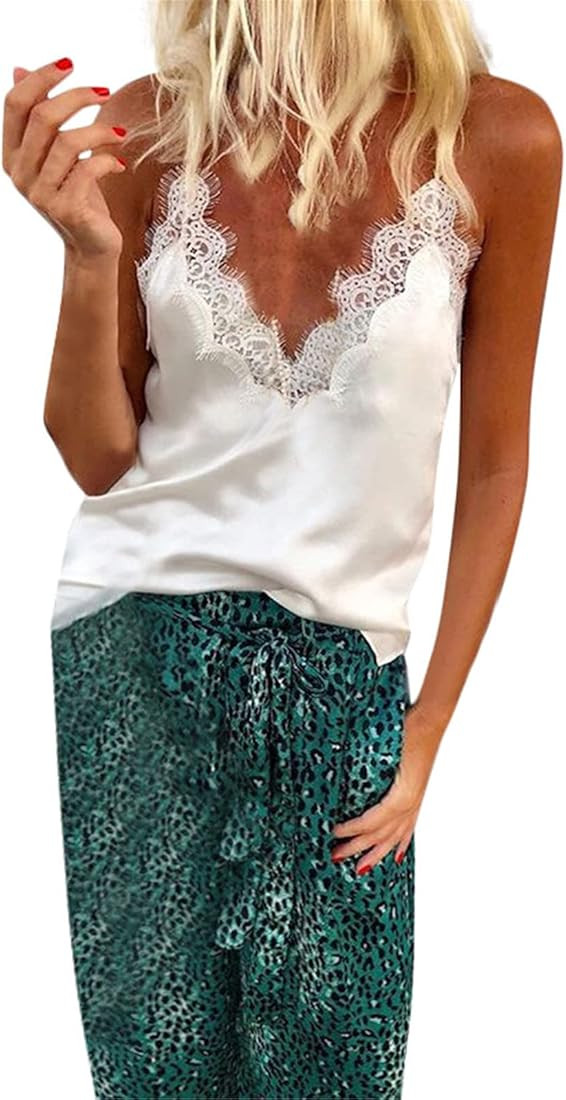 Tops Damen Ärmellose Bluse V-Ausschnitt Unterhemden Spaghettiträger mit Spitzen Elegant Sexy Ta... | Amazon (DE)