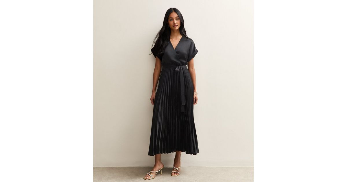 Black Satin Pleated Wrap Midi Dress | New Look | New Look (UK)