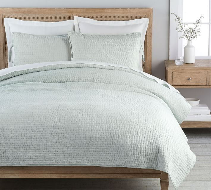 Pick-Stitch Handcrafted Cotton/Linen Quilt & Shams - Porcelain Blue | Pottery Barn (US)