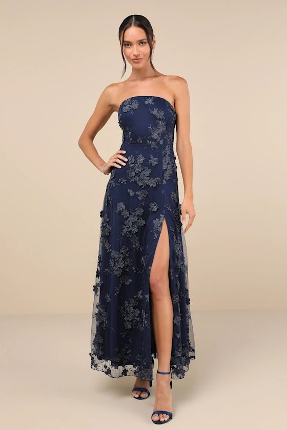 Rare Presence Navy Blue 3D Floral Embroidered Maxi Dress | Lulus