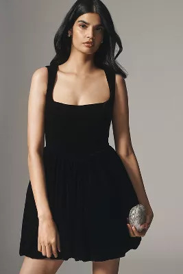 BHLDN Ariana Velvet Square-Neck Fit & Flare Bubble Mini Dress | Anthropologie (US)