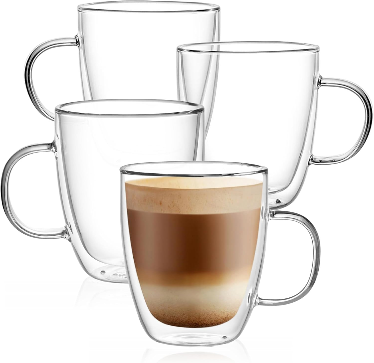 CNGLASS Large Glass Coffee Mugs 12oz,Double Walled Insulated Cappuccino Mug with Handle,Set of 4 | Amazon (US)