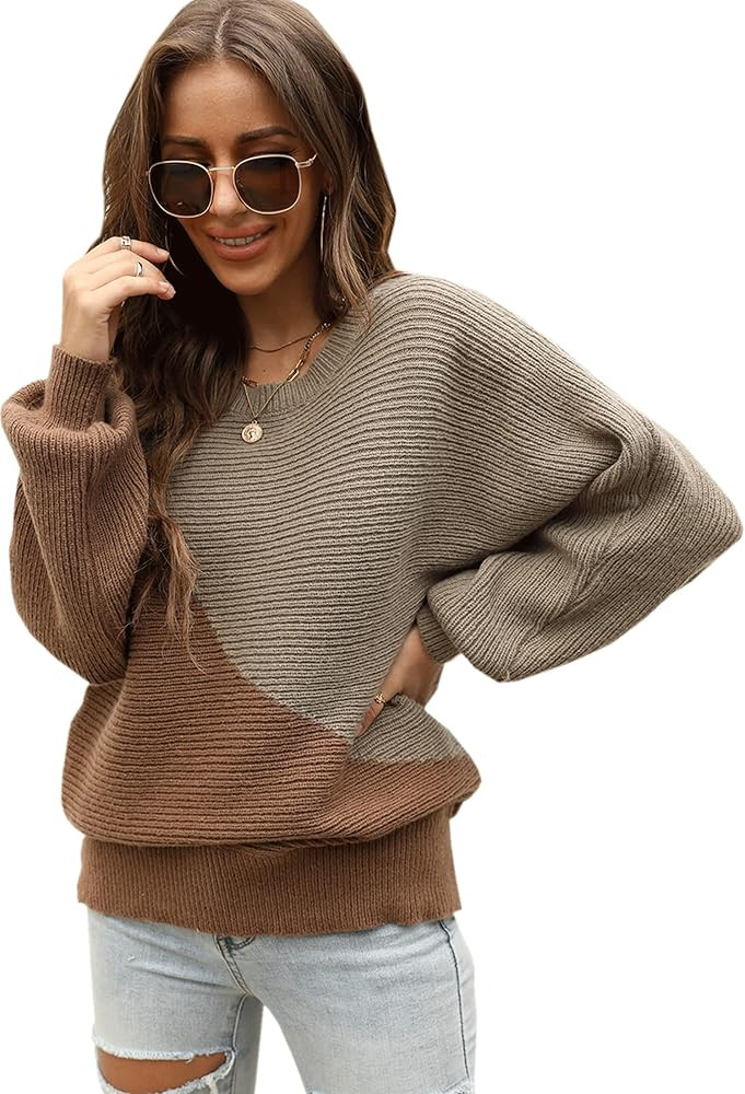 Angashion Women Sweaters-Oversized Chunky Knit Color Block Drop Shoulder Batwing Sleeve Pullover Swe | Amazon (US)