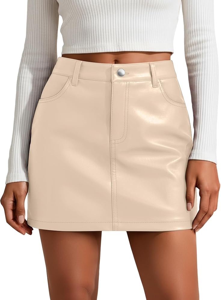Women's Faux Leather Mini Skirt with Pockets, High Waisted Bodycon Stretch Zipper Button Fitted A... | Amazon (US)