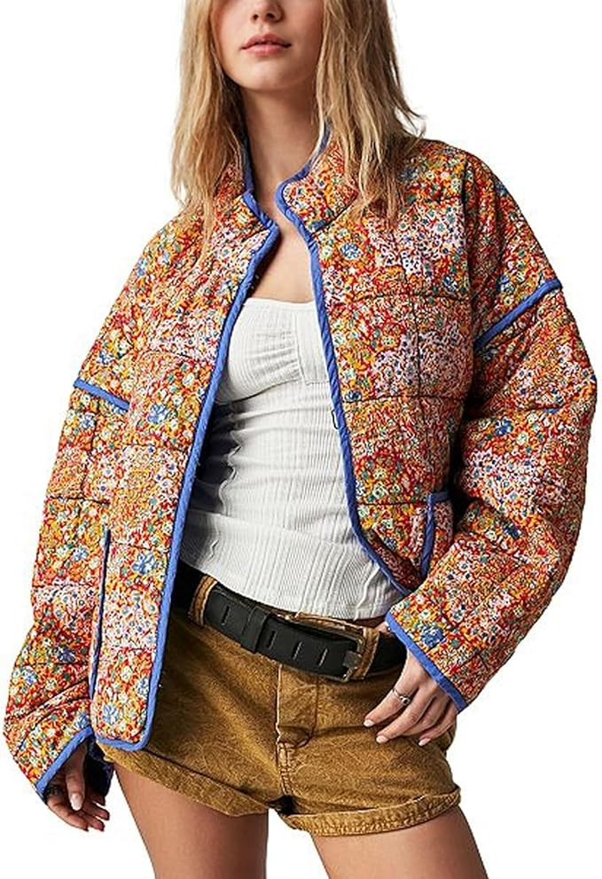 Duyang Women's Cropped Puffer Jacket Lightweight Floral Printed Open Front Quilted Coat Winter Wa... | Amazon (US)