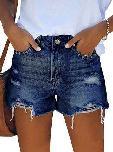 Pink Queen Women's Casual High Waisted Ripped Stretchy Denim Shorts Cut Off Hot Short Summer Distressed Frayed Jeans Comfy Cotton Fashion Jean Shorts with Pockets Blue S | Amazon (US)