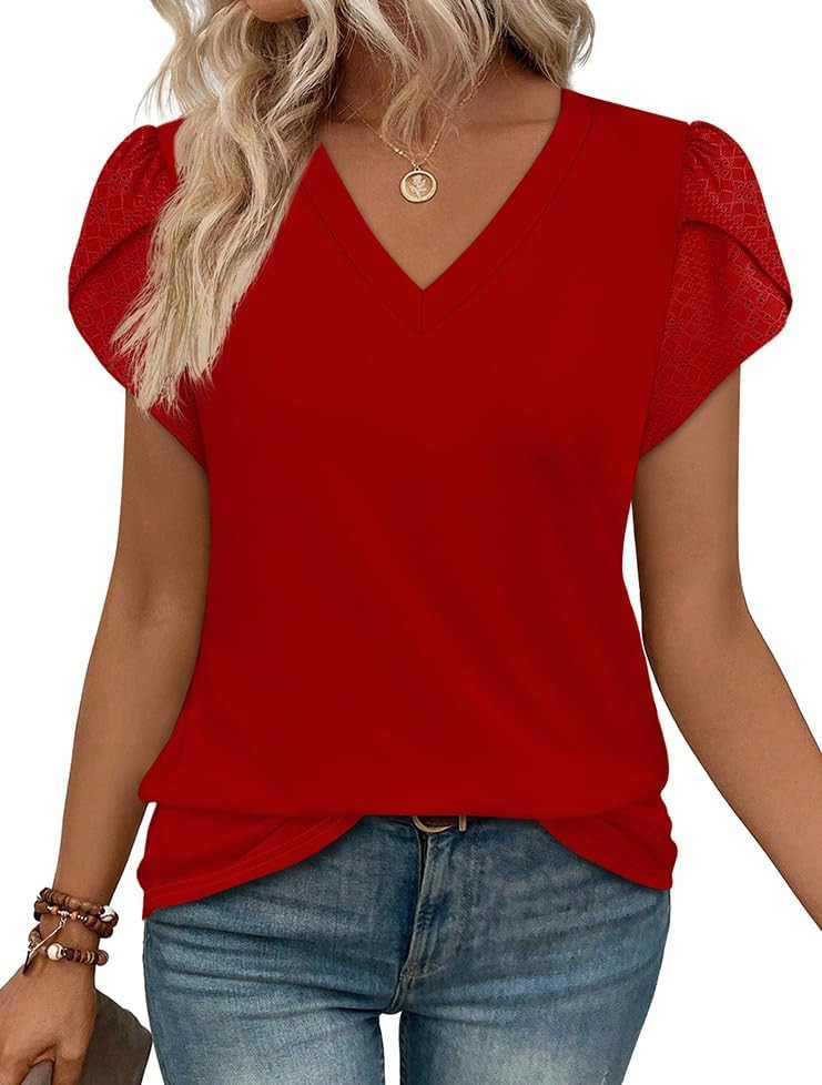 WIHOLL Womens Tops Dressy Casual Petal Sleeve Summer Spring Short Sleeve V Neck Shirts Work Busin... | Amazon (US)
