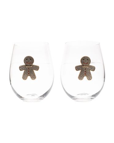 Gingerbread Wine Glasses, Holiday Wine Glasses, Tjmaxx Wine,2pk Jeweled Gingerbread Stemless Glasses | TJ Maxx