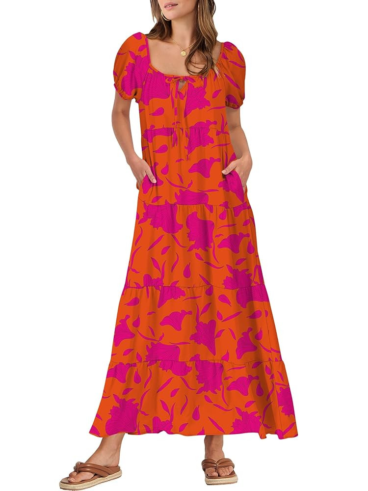 ANRABESS Women's Boho Maxi Dresses 2025 Summer Casual Floral Puff Short Sleeve Tie Front Flowy Sw... | Amazon (US)