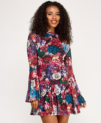 Juniors' Long Sleeve Printed Mesh Drop Waist Dress | Macy's