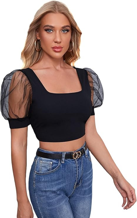 Milumia Women's Elegant Square Neck Mesh Puff Sleeve Fitted Blouse Crop Top | Amazon (US)