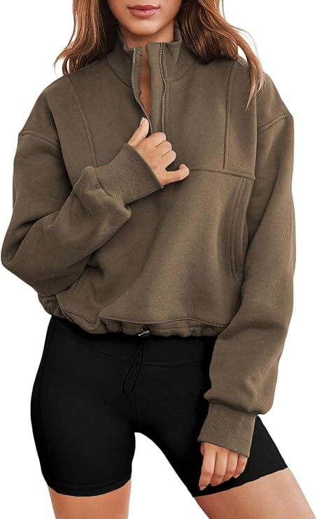 AlvaQ Women's Half Zip Crop Sweatshirt Workout Hoodie High Neck Long Sleeve Athletic Clothes | Amazon (US)