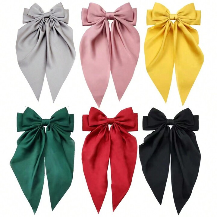 6 Piezas Set De Sujeciones De Cabello Dulces Y Elegantes Con Lazos De Satén De Color Sólido, Es... | SHEIN