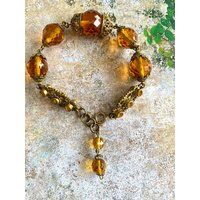 Vintage Czech Faceted Amber Glass, Golden Topaz Rhinestone & Gilt Brass Filigree Bracelet | Etsy (US)