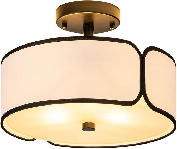Semi Flush Mount Ceiling Light - 12.6" Drum Light Fixture with Black Welt Fabric Shade, 3 Light C... | Amazon (US)