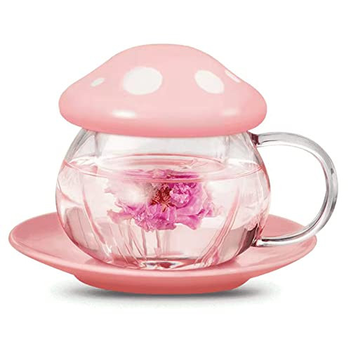 Mushroom Cup Cute Glass Tea Cup with Infuser and Lid Kawaii Mushroom Mug Set Coffee Teapot with Ceramic Coasters 11oz (Pink) | Amazon (US)