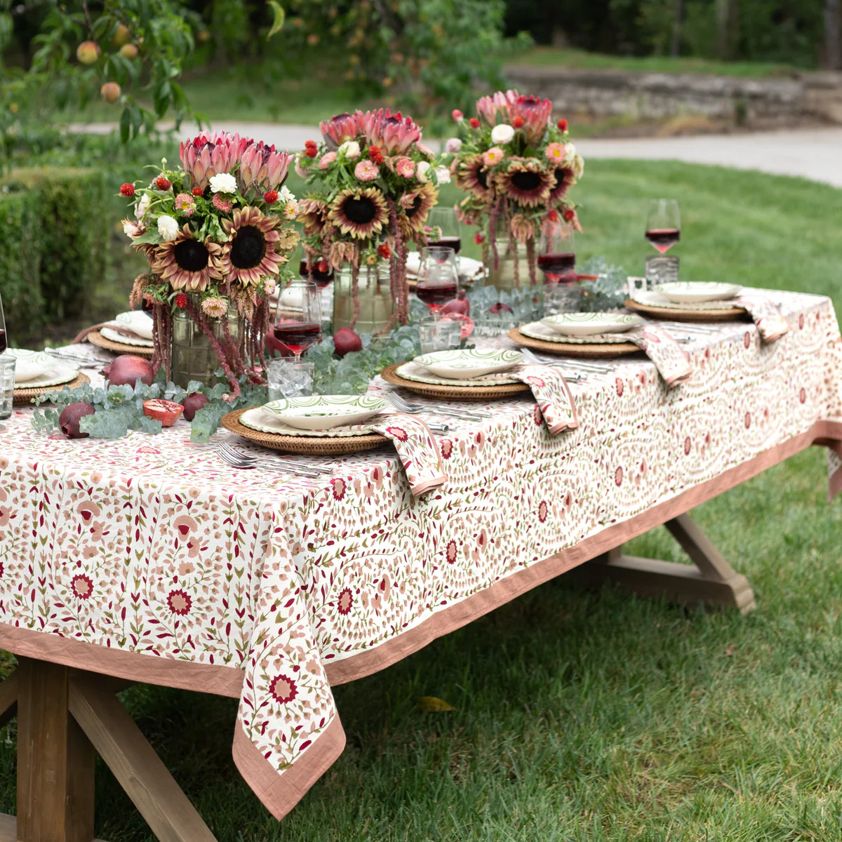 Starflower Fern & Blush Tablecloth – Block Printed 100% Cotton | Pomegranate