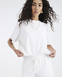 White Short Sleeve Ribbed Panel T-shirt | River Island UK & IE