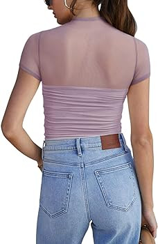 REORIA Women's Sexy Mock Turtle Neck Short Sleeve Shirts Sheer Mesh Ruched Trendy Going Out Bodys... | Amazon (US)