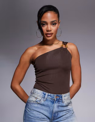 River Island one shoulder trim bodysuit in brown | ASOS | ASOS (Global)