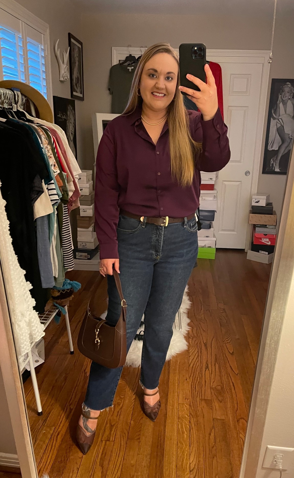 Button down top, work top, satin top, old navy outfit, Sunday style, date night, fall style, fall outfit, high waisted jeans, ankle jeans, old navy jeans, mesh heels, mesh mule heels, pointed toe heels, chocolate handbag, chocolate belt, brown and gold belt, casual Friday, business casual, Friday casual, workwear

#LTKFindsUnder50 #LTKMidsize #LTKSaleAlert