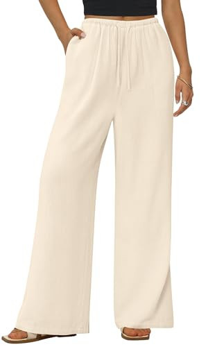 PRETTYGARDEN Summer Wide Leg Linen Pants Women with Pockets High Waist Drawstring Loose Casual Palazzo Lounge Pants Women (Apricot, Medium) | Amazon (US)