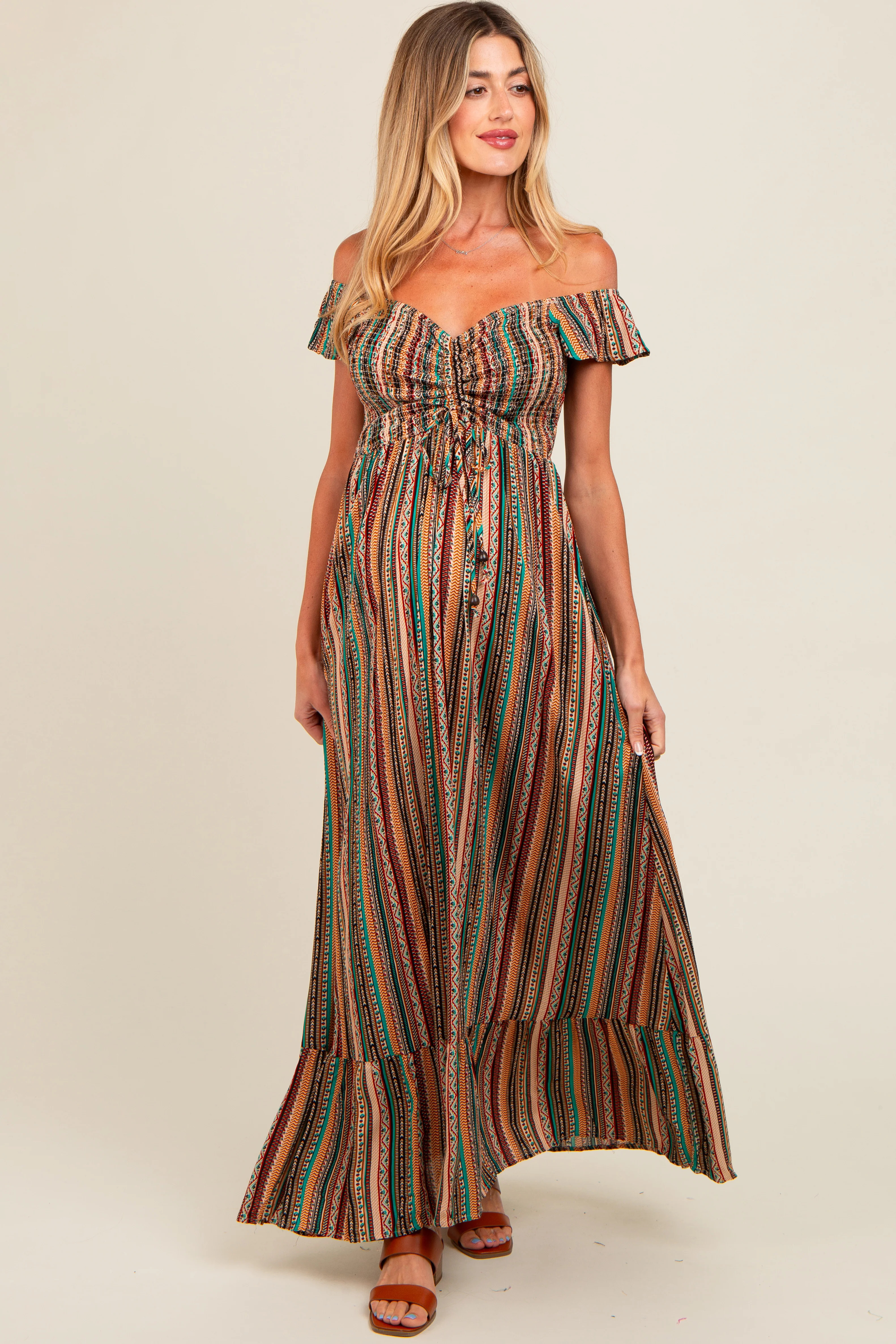 Multicolor Off Shoulder Cinched Maternity Maxi Dress | PinkBlush Maternity