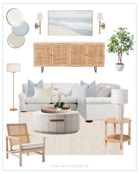 By follower request, sharing ideas for a neutral, coastal living room! 

Paint colors: the blue is SW Stardew, the beige is BM Edgecomb Gray and the warm white is BM White Dove! 

-
Coastal living room, living rooms inspo, living room ideas, neutral living room decor, coastal home decor, coastal decor, coastal interiors, coastal style, neutral home decor, Amazon sconces,  rattan wall sconce, natural rattan end table, round side table, 2-tier end table, round ottoman tray with handles, woven coffee table tray, Amazon tray, neutral rugs, living room rug, coastal rug, living room rug, coastal table lamp, Amazon lamps, white lamps, 72” artificial ficus tree, fake trees, artificial orchid in pot, upholstered ottoman, round coffee tables, coastal coffee tables, coastal pillow cover, round ottoman, cream stripe pillow covers, coastal floor lamps, spring throw pillows, coastal pillow covers, cane console table, cane sideboard, pottery barn sideboard, coastal TV stand, coastal console table, living room chair, Serena & Lily chairs, coastal accent chairs, white sectional, L-shaped sofa, beach house sofa  

#LTKfindsunder100 #LTKhome #LTKfindsunder50