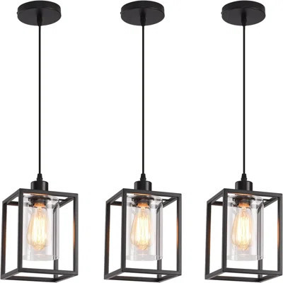 3 Pack Black Pendant Lights For Kitchen Island Industrial Lantern Pendant Light Fixtures With Clear Glass Shade, Farmhouse Adjustable Height Hanging P | Wayfair North America