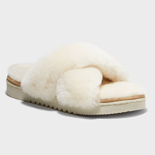 Women's dluxe by dearfoams Rossland Genuine Shearling Crossband Slippers | Target
