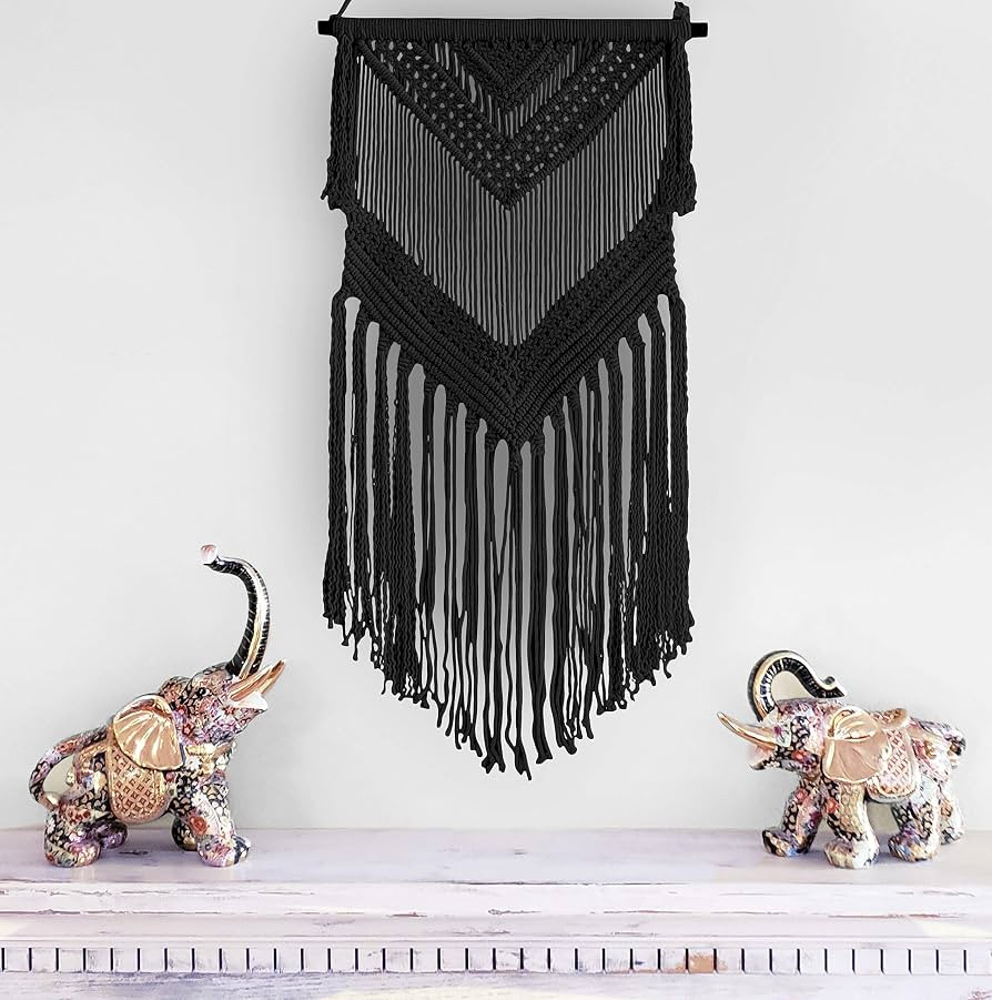 Livalaya Boho Black Macrame Woven Wall Hanging - Black 16 in x 36 in Modern Bohemian Tapestry wal... | Amazon (US)