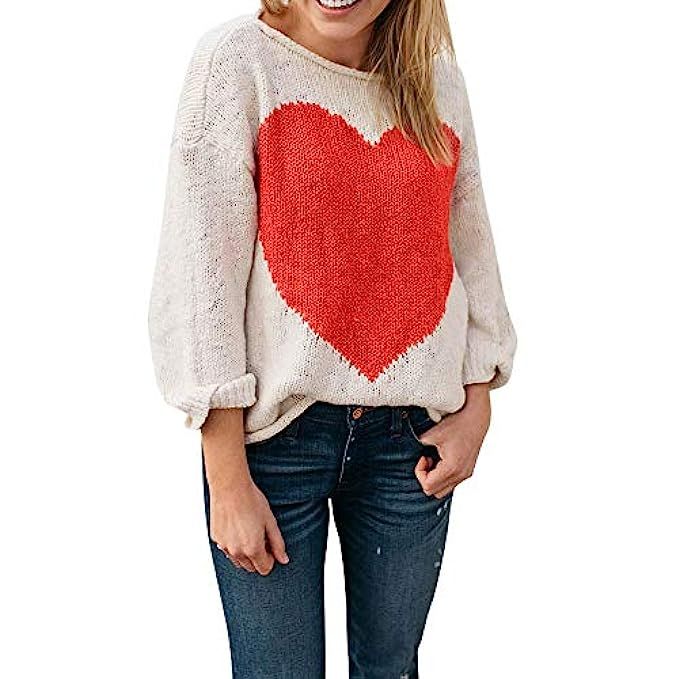 JOFOW Womens New Sweaters,Solid Red Heart Print Loose Warm Autumn White Beige Fashion Long Sleeve Kn | Amazon (US)