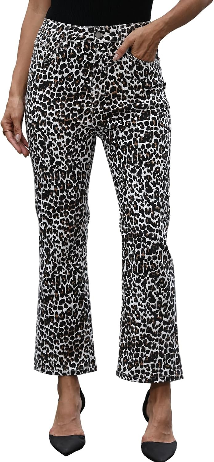YEXPINE Women's Leopard Bell Bottom Jeans Cropped High Rise Stretchy Cheetah Print Demin Pants | Amazon (US)