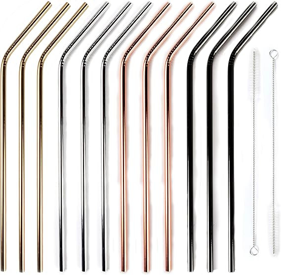 12+2 Pcs Reusable Stainless Steel Straws, Metal Straws, 4 Colors Gold, Silver, Rose Gold & Black ... | Amazon (US)