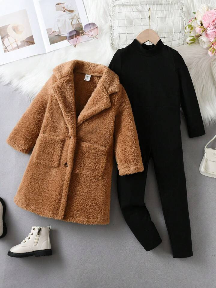 TrendsSHEIN Young Girl Dual Pocket Teddy Coat & Mock Neck Jumpsuit | SHEIN