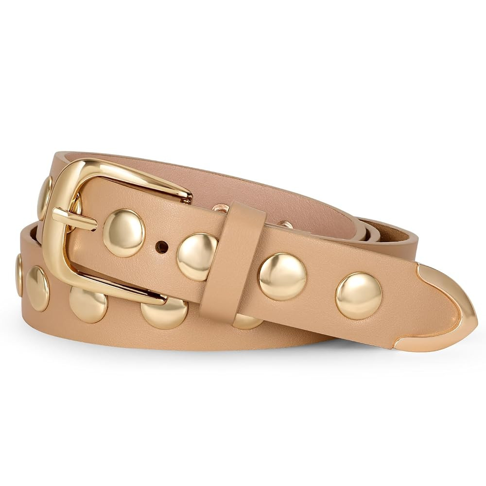 WERFORU Women Fashion Leather Belt Studded Leather Belt Ladies Belts for Jeans Dress Punk Belt | Amazon (US)