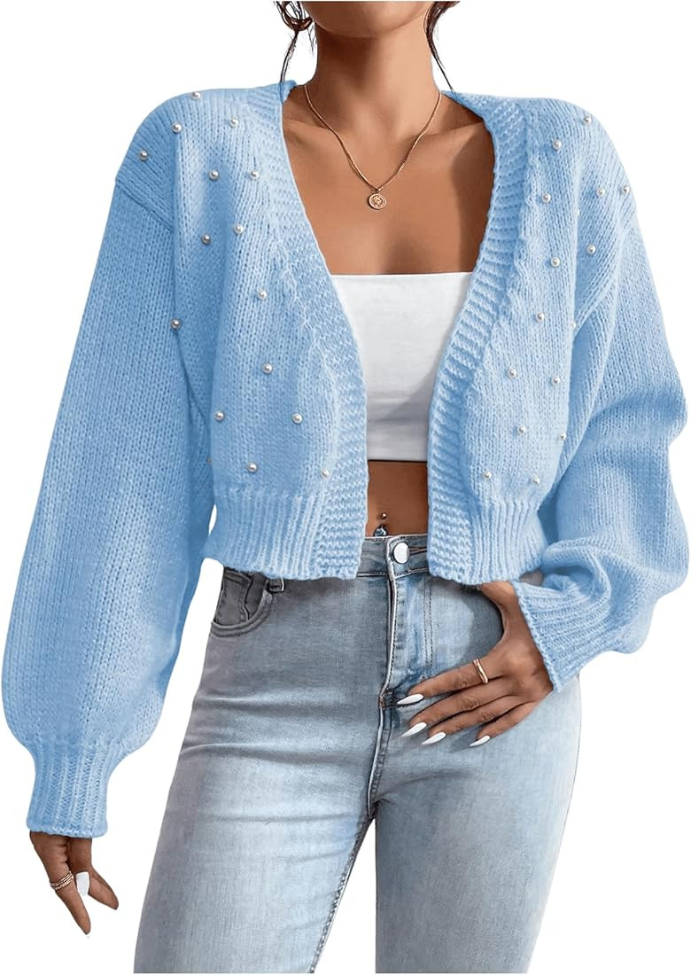 SHENHE Women's Pearl Beaded Open Front V Neck Drop Shoulder Cropped Cardigan Sweater | Amazon (US)