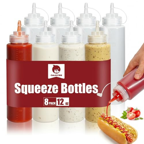 OAMCEG 8 Pack Plastic Squeeze Bottles - 12 OZ Durable Condiment Squeeze Squirt Bottle with Discrete Measurements, for Ketchup, BBQ, Sauces, Syrup, Condiments, Dressings, Arts and Crafts, BPA Free | Amazon (US)